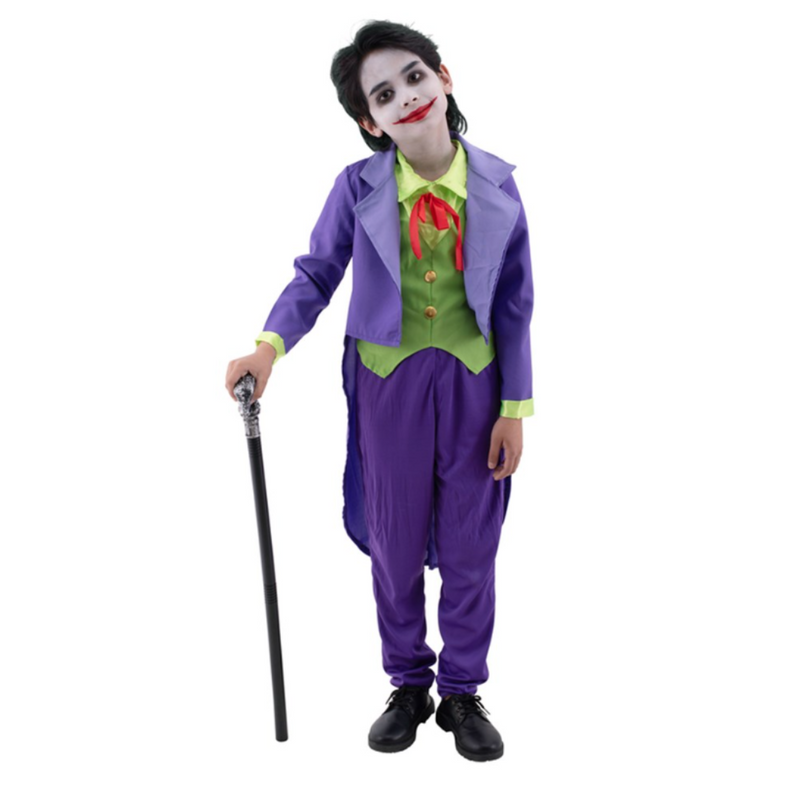 Person wearing a purple and green costume with a cane