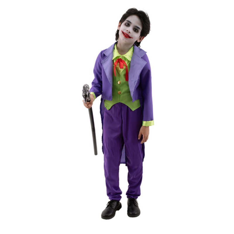 Child wearing a Joker costume with a purple suit and red clown makeup