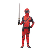 Red superhero costume with black accents and a sword