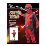 Superhero costume packaging with a red and black jumpsuit on a dark background