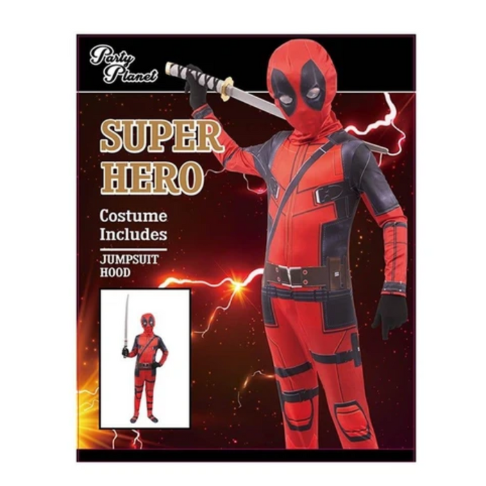 Deadpool Costume Boys Large 7–8 Yrs – Red Black Superhero Outfit