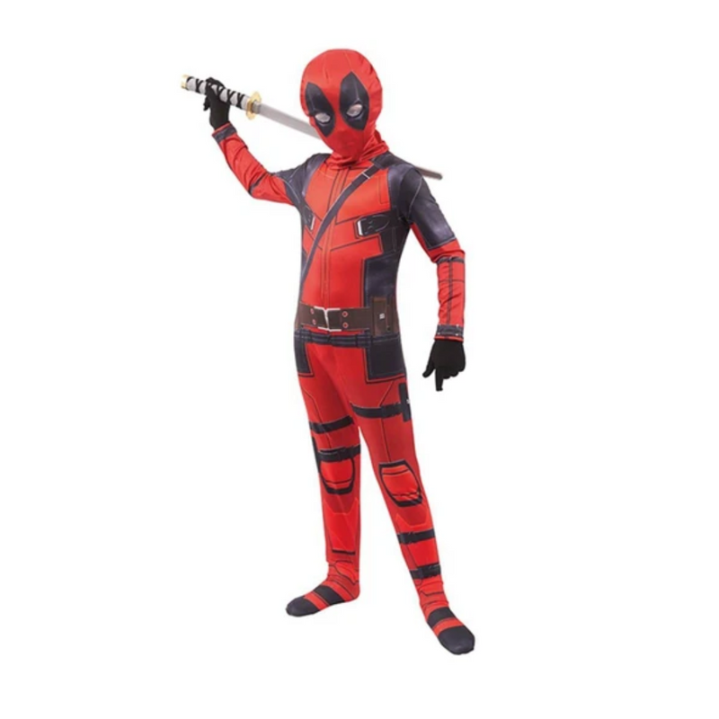 Person wearing a red and black superhero costume 