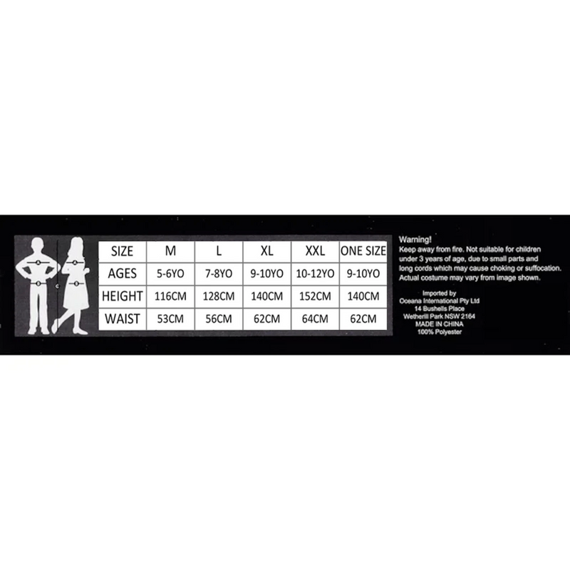 Size chart for children's clothing with age, height, and waist measurements.