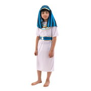 Boys Egyptian Pharaoh Costume X-Large for ages 9–10 with gold-trimmed tunic, striped headdress, and belt.