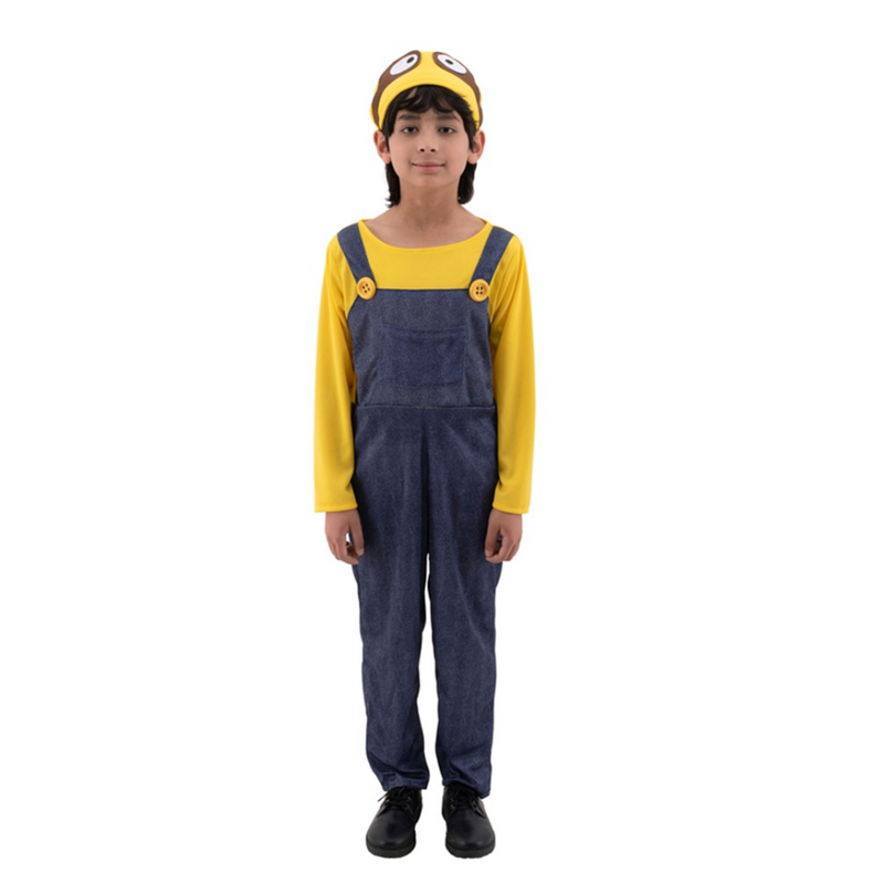 Child wearing a yellow shirt, blue overalls, and a matching hat 