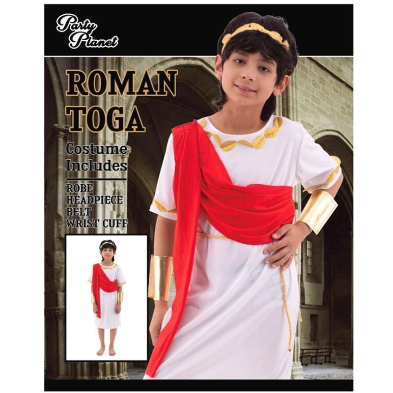Boys Roman Toga Costume X-Large for ages 7–10 featuring a white robe with gold trim and matching sash.
