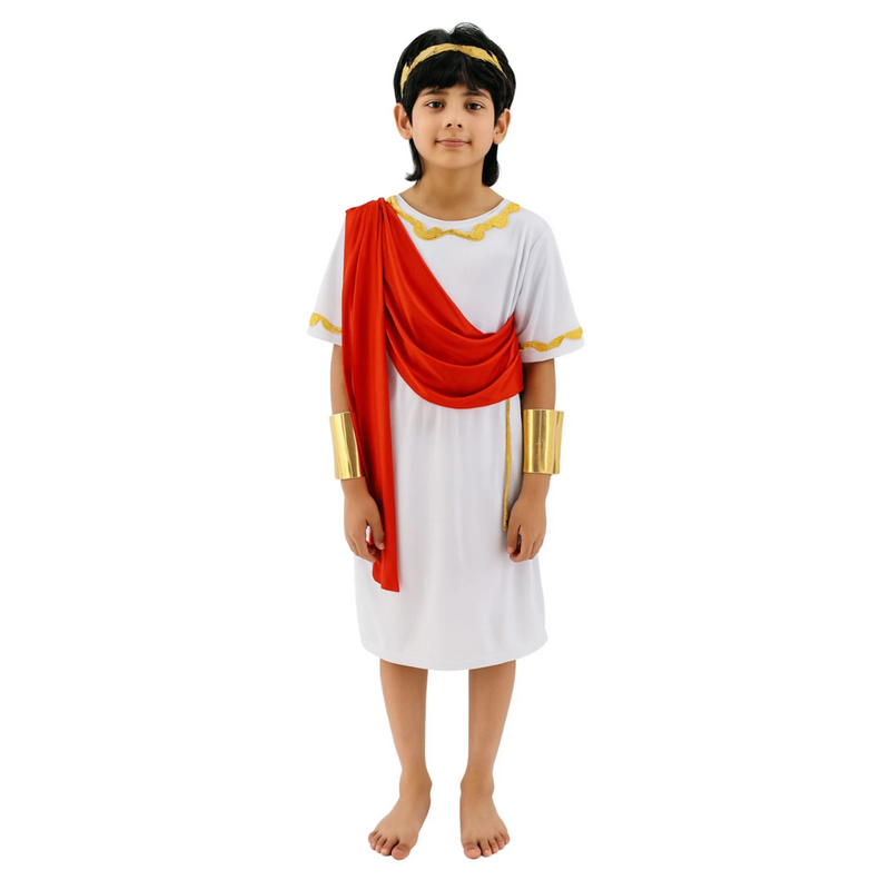 Child wearing a Roman costume with a white robe, red sash, and gold accessories 