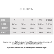 Children's size chart with age, height, and waist measurements.