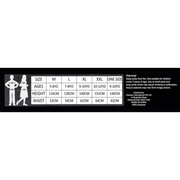Size chart for children's clothing with age, height, and waist measurements.