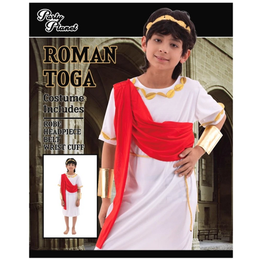 Boys Roman Toga Costume XX-Large for ages 11–12 with white robe, gold trim, and matching sash.