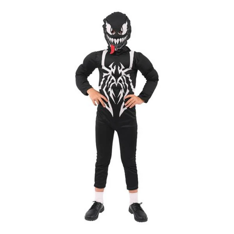  Full-Body Black Superhero Outfit with White Spider Emblem and Mask

