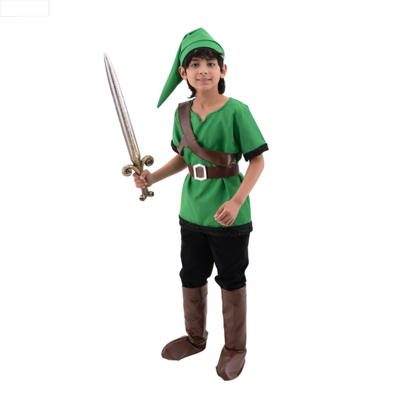 Child in a green costume with a sword 