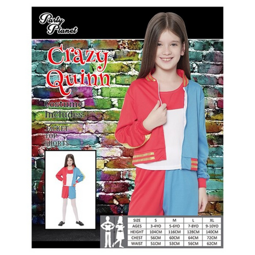 A child model wearing a 'Crazy Quinn' costume .