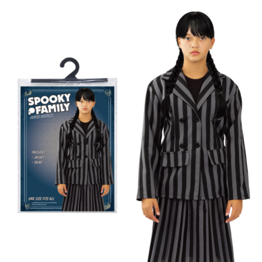 Person wearing a black and gray striped costume with packaging labeled 'Spooky Family' on a white background.