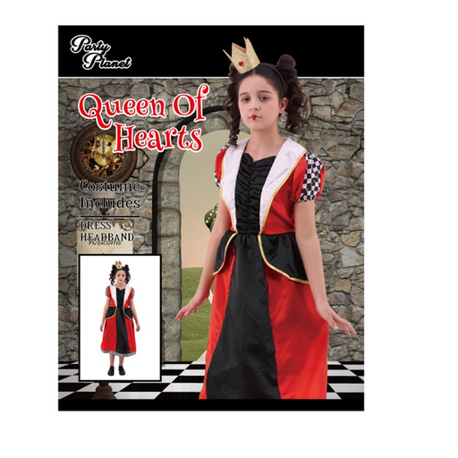 Girls Queen of Hearts Costume Large 7–8 Years – Red, Black & Gold Dress with Heart Motif