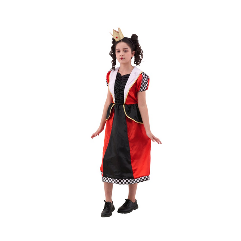 Child wearing a red and black costume with a checkered accent