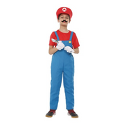 Person wearing a Super Mario costume with red hat, blue overalls, and red shirt