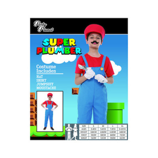 Boys Red Plumber Costume XX-Large for 11–12-year-olds with red hat, blue overalls, and red shirt.
