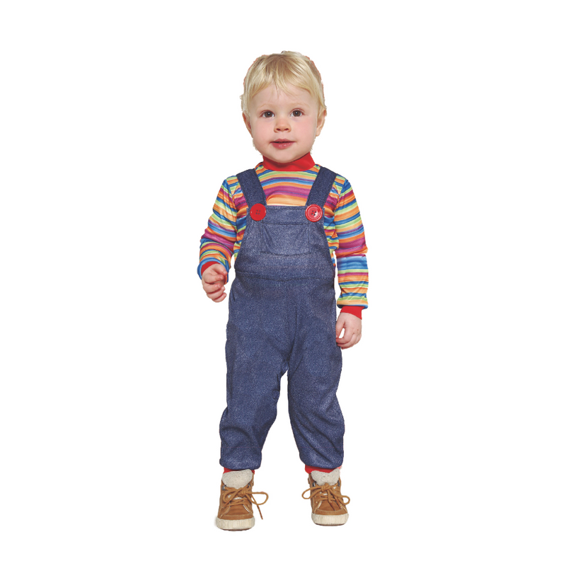 Killer Doll Toddler Costume – cute and creepy Halloween outfit with colorful dress and horror doll design