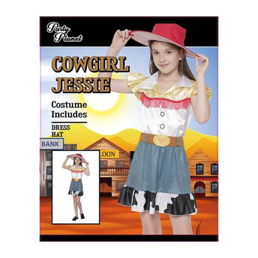 Girls Woody Cowgirl Costume XX-Large for 11–12-year-olds with cow-print skirt, western top, and matching hat.