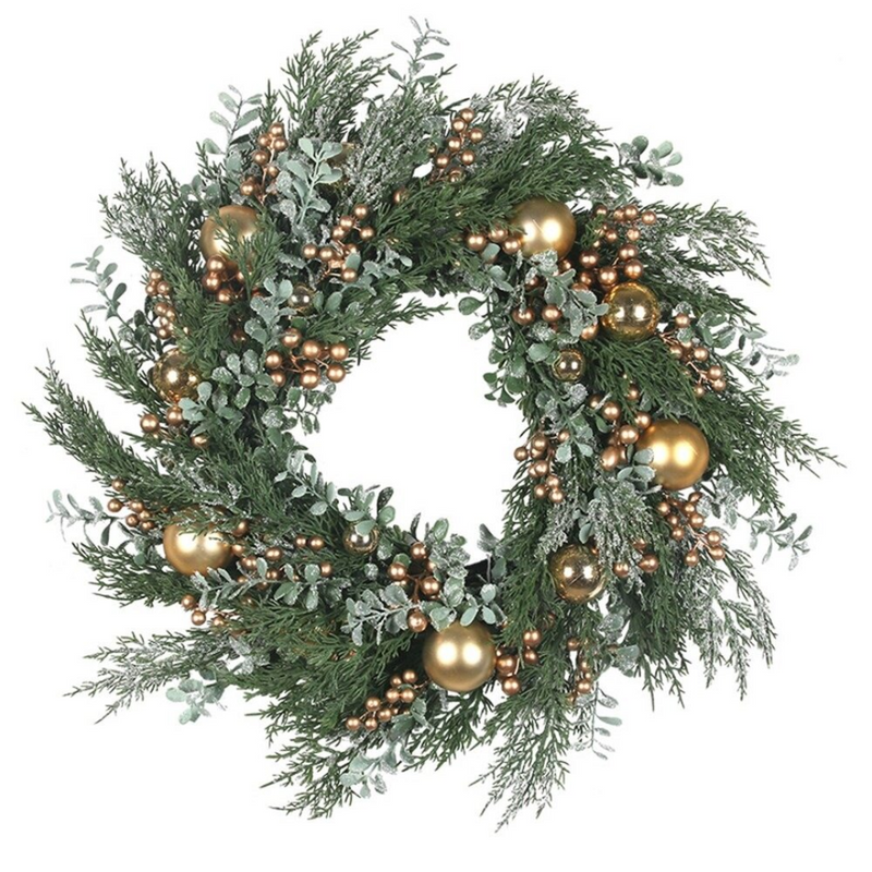 Cypress Pine Wreath W/Gold Baubles and Berries 60cm