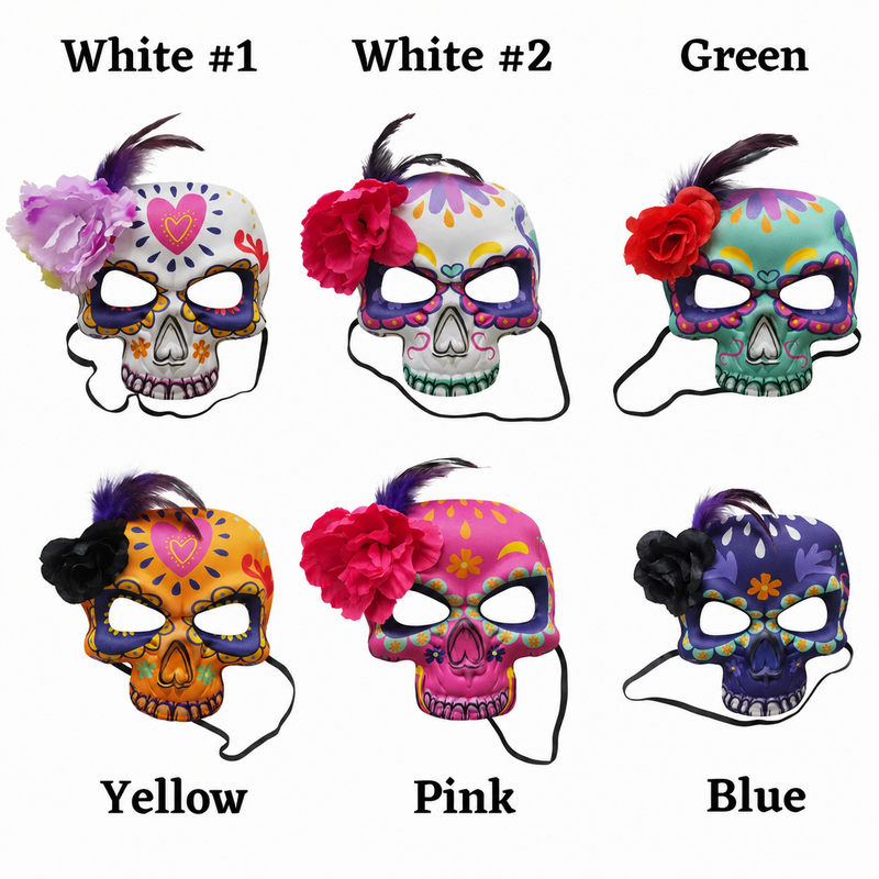 Six skull masks shown in different color options labeled White #1, Green, Yellow, Pink, and Blue, each decorated with flowers and feathers on a white background.