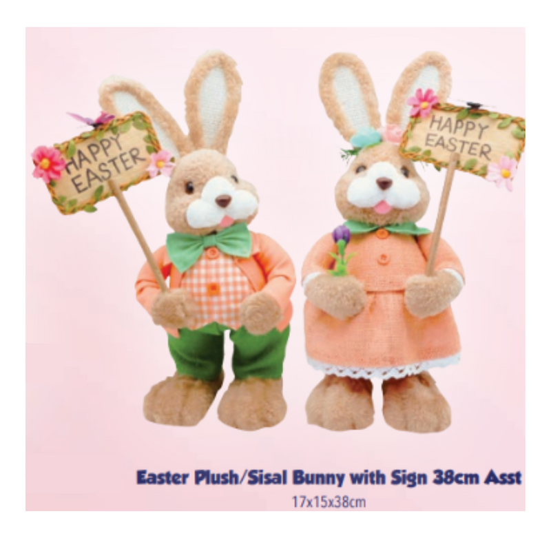 Easter Plush Sisal Bunny with Sign 38cm Assorted