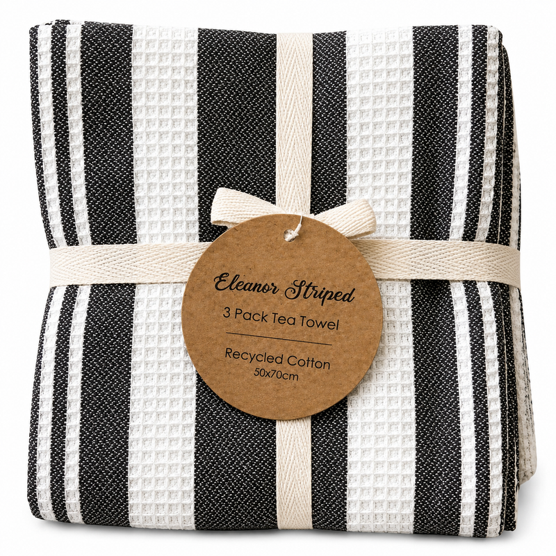 Eleanor Striped 3 Pack Tea Towel 50x70cm Grey & White