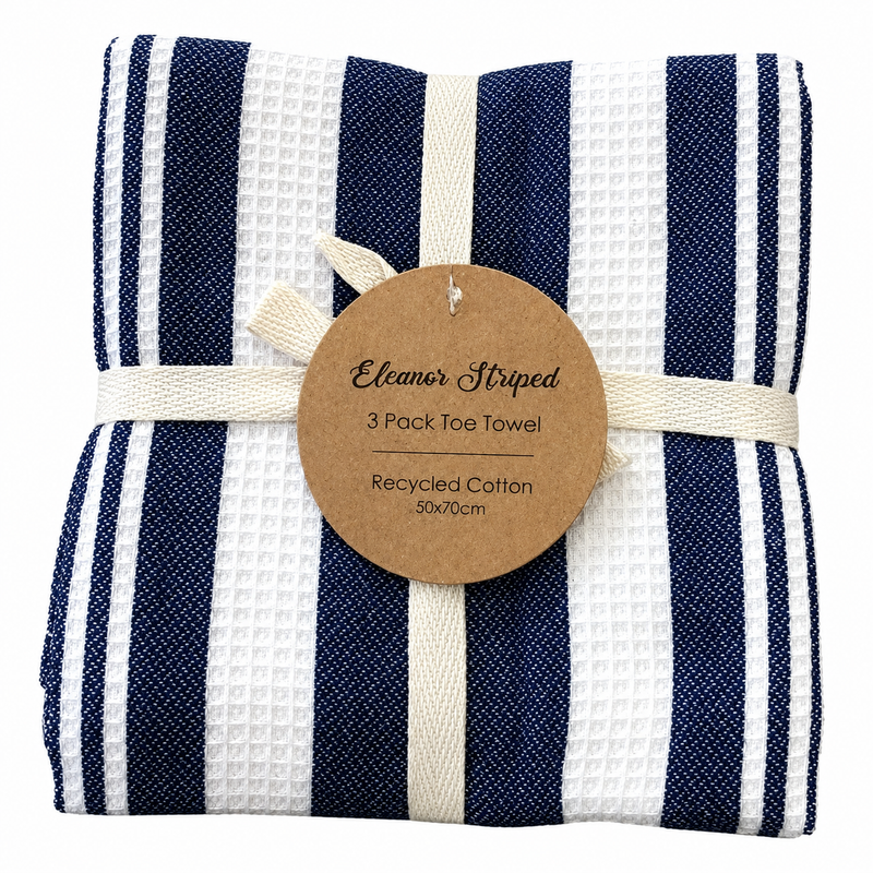 Eleanor Striped 3 Pack Tea Towel 50x70cm Navy & White
