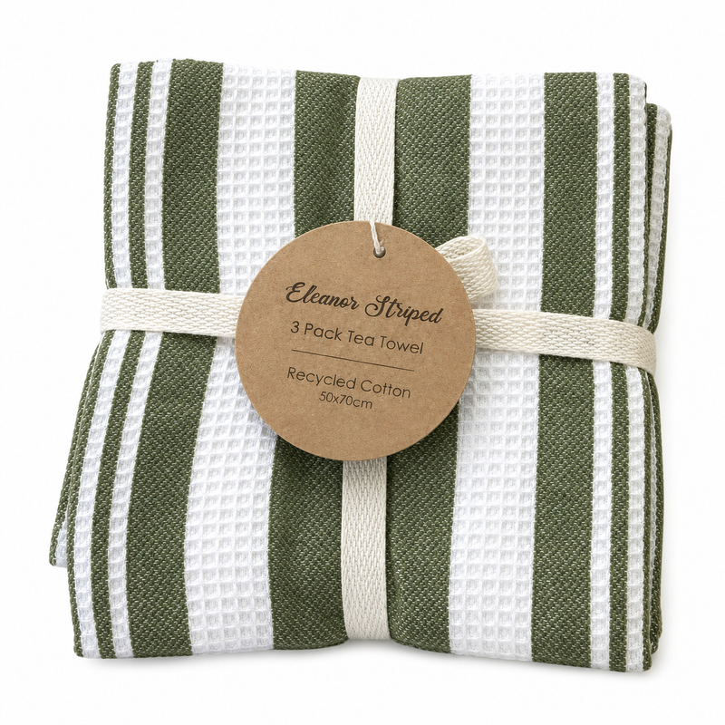 Eleanor Striped 3 Pack Tea Towel 50x70cm Olive & White