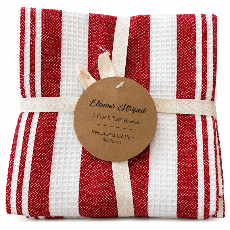 Eleanor Striped 3 Pack Tea Towel 50x70cm Red & White