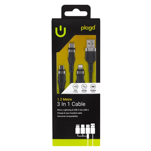 3 In 1 Charge and Sync Cable Micro, iPhone And Type C/ Into USB A