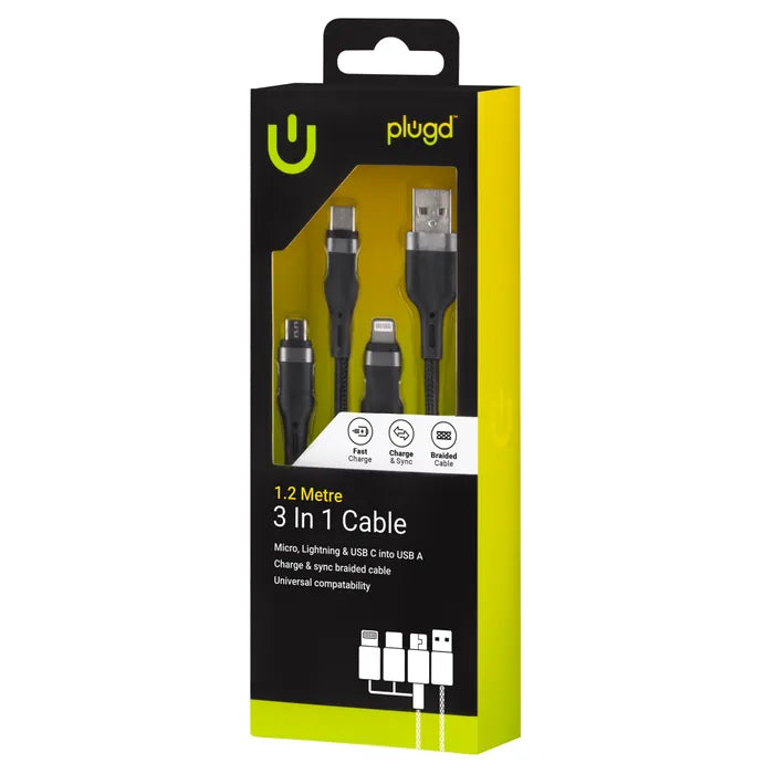 3 In 1 Charge and Sync Cable Micro, iPhone And Type C/ Into USB A