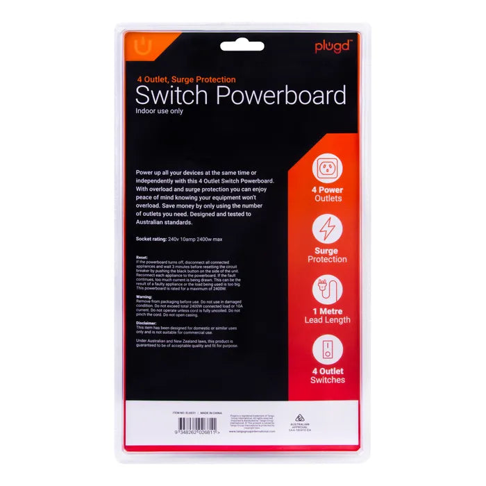 4 Outlet Switched Powerboard With Surge Protection
