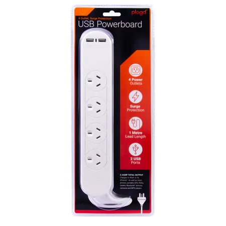 4 Outlet Powerboard With 2 USB Charge Ports