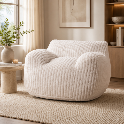 Cream faux fur expanding lounge chair measuring 104x96x68cm