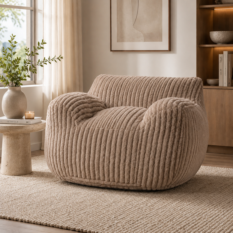 Large taupe faux fur expanding lounge chair measuring 104x96x68cm