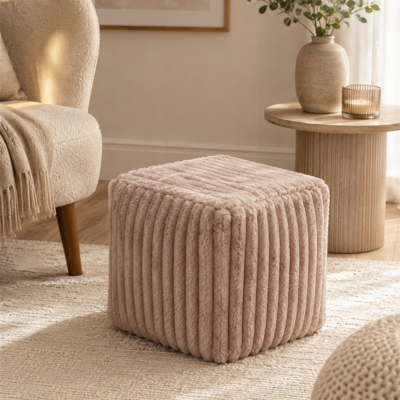 Taupe square foot stool measuring 38x38x28cm for a modern living room