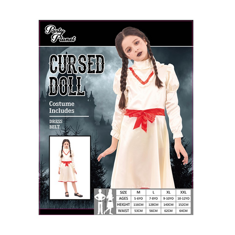 Girl Cursed Doll Costume with creepy dress and belt in Large and X-Large sizes