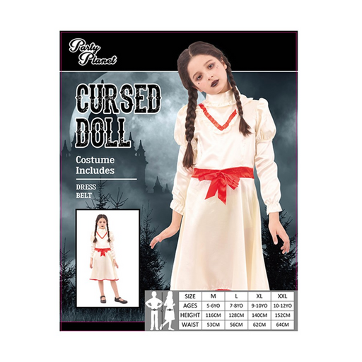 Girl Cursed Doll Costume with creepy dress and belt in Large and X-Large sizes