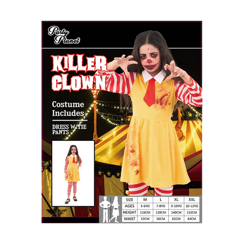 A promotional image featuring a young girl in a yellow costume with red and white stripes, designed to resemble a killer clown. The image includes a close-up of the costume and indicates that it is available in dress, with tie, pants, and 2 assorted sizes (large and xlarge).