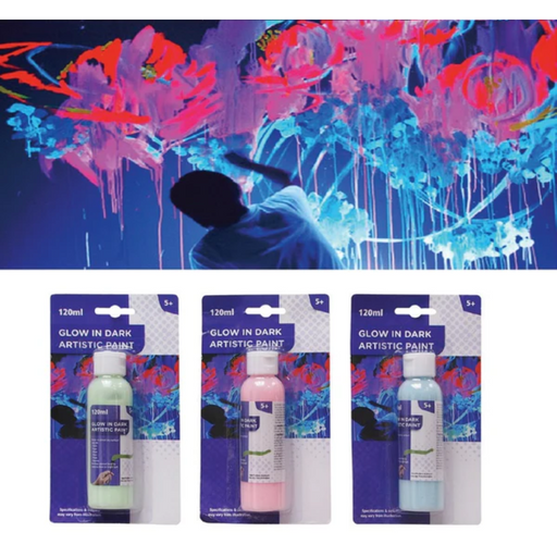 Glow in the dark artistic paint bottles with packaging against a colorful abstract background.