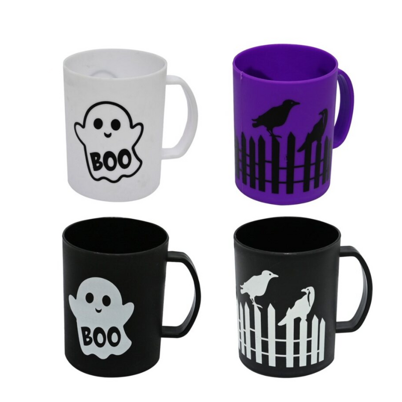 Assorted Halloween-themed mugs with various designs including a ghost, a crow, and a fence, each with a contrasting color scheme.