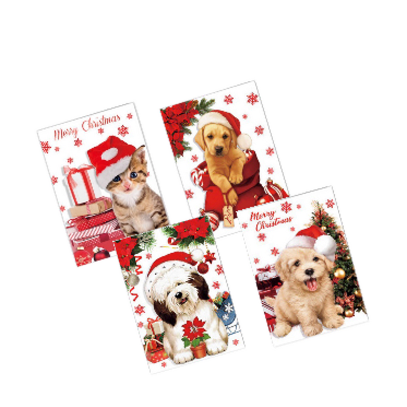 HAPPY DOG N CAT XMAS CARDS GLITTER PK8 ASST