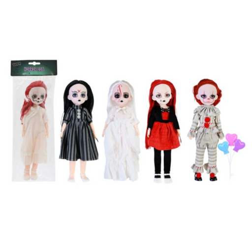 Set of five dolls with different outfits on a white background