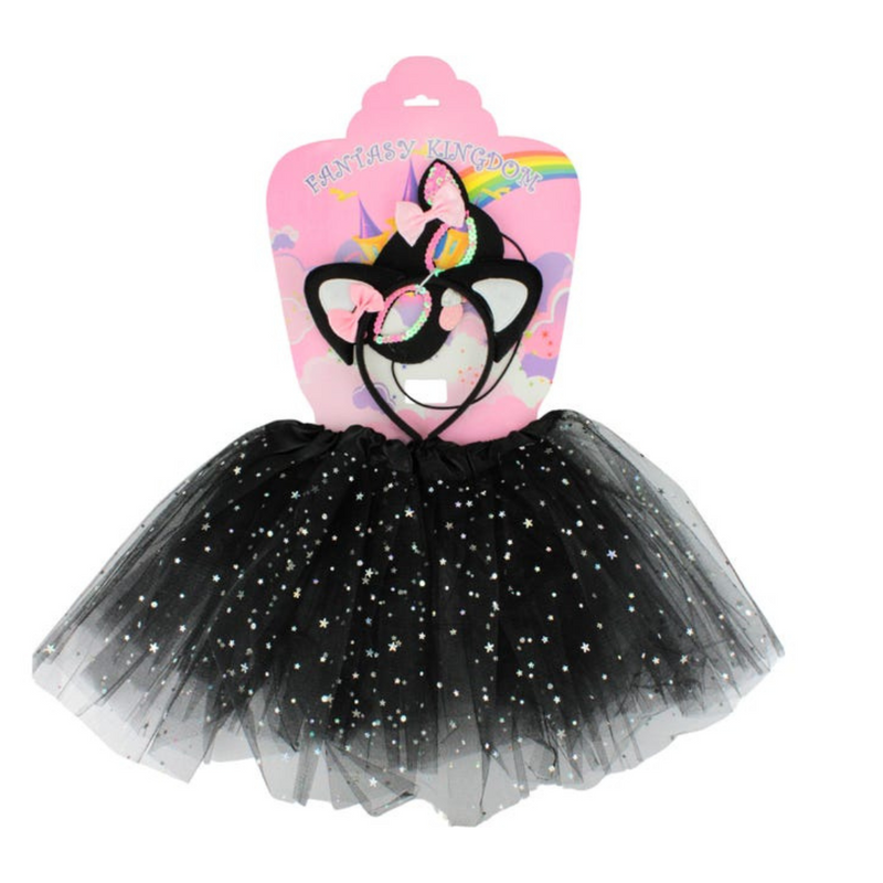 3-piece Instant Cat Costume Kit with black cat ear headband, eye mask, and tutu skirt – ideal for kids’ dress-up.