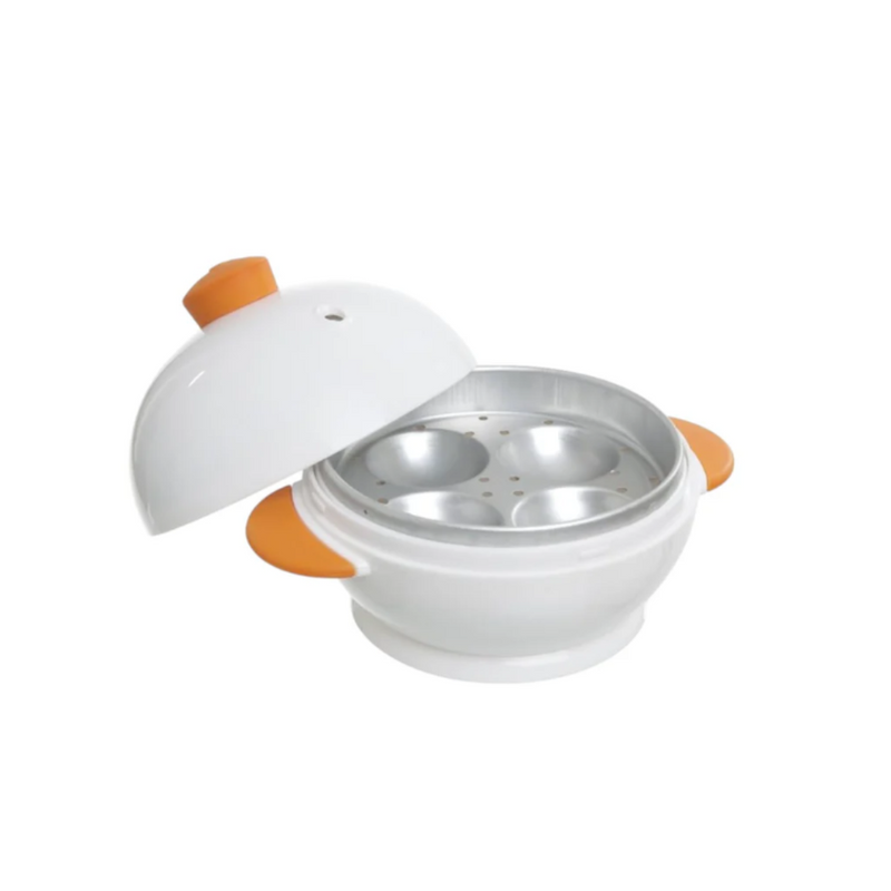 White steamer basket with orange handles