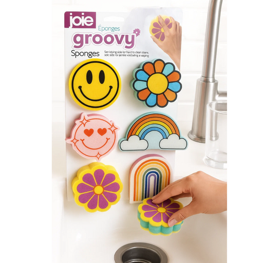 Set of 6 colorful Joie Groovy Sponges featuring fun flower shapes, ideal for kitchen and dish cleaning.
