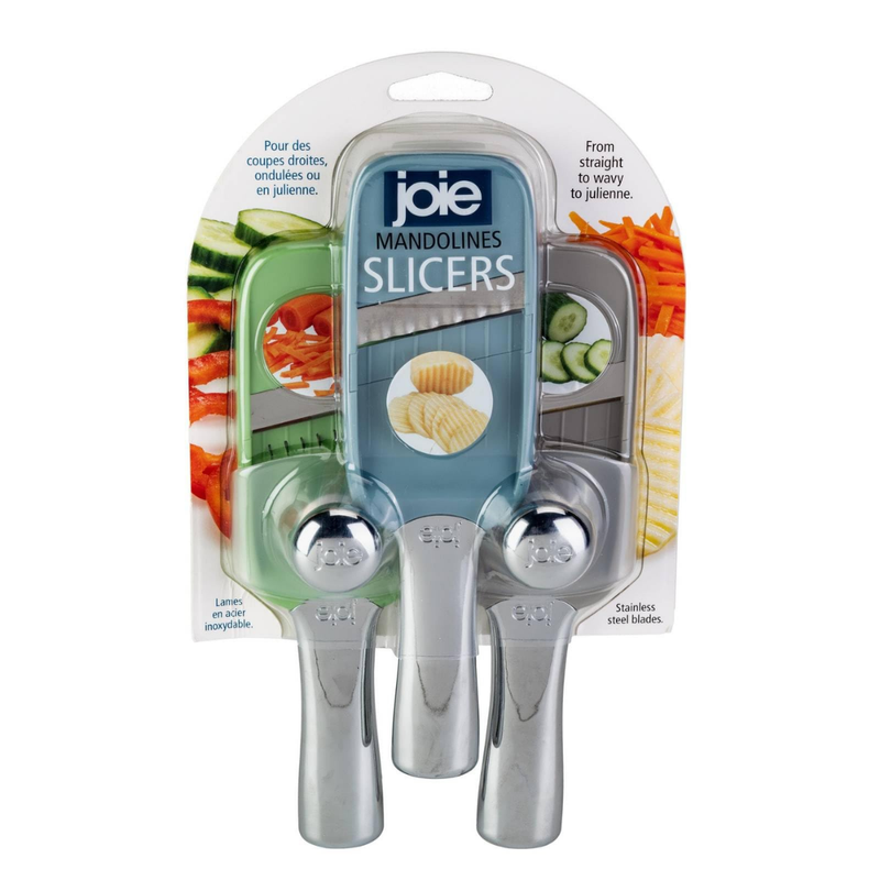 Joie 3-Piece Stainless Steel Mandoline Slicer Set with interchangeable blades for slicing, julienning, and grating.