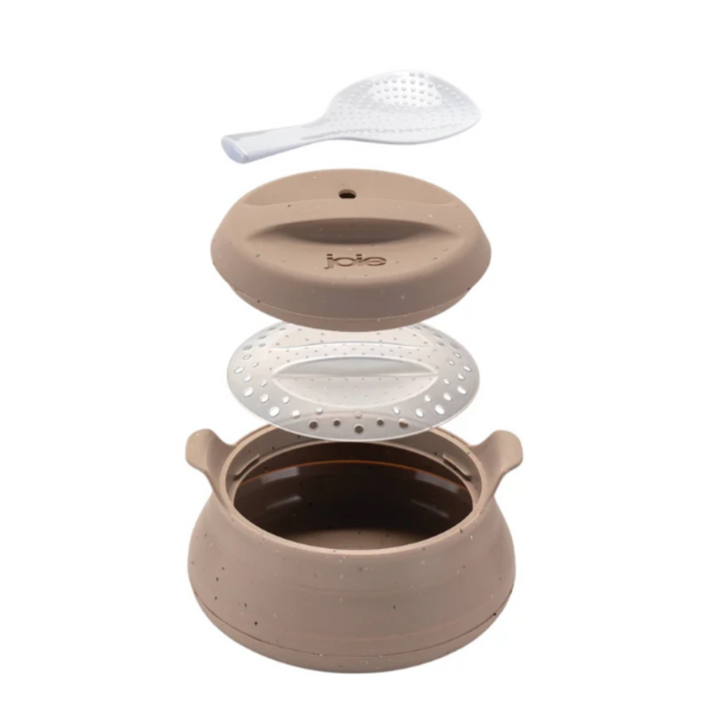 Brown ceramic pot with lid and spoon 